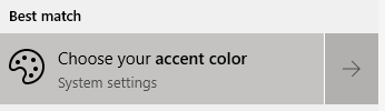 Screenshot of the start menu with Choose your accent color search result
